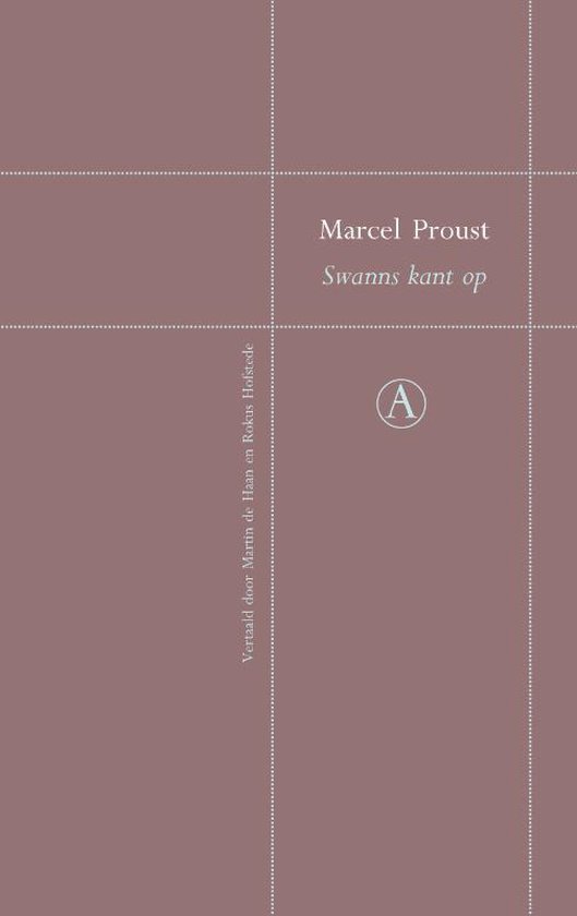Boek kaft met de titel 'Swanns kant op' van Marcel Proust, op een taupe achtergrond met een rasterpatroon.