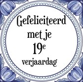 Verjaardag Tegeltje met Spreuk (19 jaar: Gefeliciteerd met je 19e verjaardag + cadeau verpakking & plakhanger