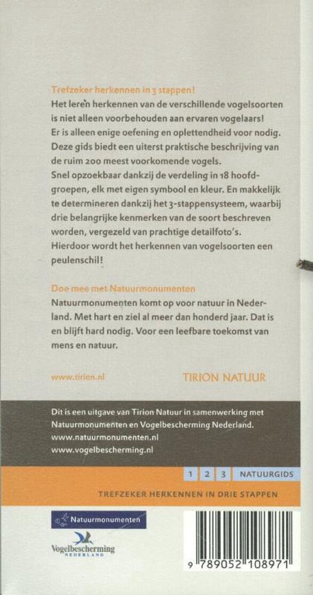 Rug van 'Trefzker herkennen in 3 stappen', Vogels waarnemen - een bijzondere beleving. Met logo's van Natuurmonumenten, Vogelbescherming Nederland en Tirion Natuur.