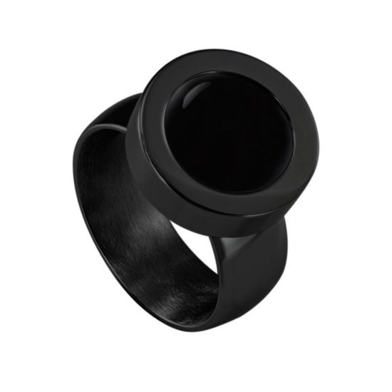 Quiges RVS Schroefsysteem Ring Zwart Glans 19mm met Verwisselbare Agaat Zwart 12mm Mini Munt