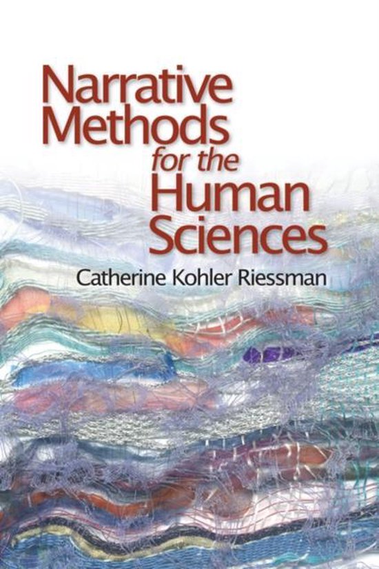 Boek 'Narrative Methods for the Human Sciences' door Catherine Kohler Riessman, met een abstracte achtergrond van gekleurd textiel.