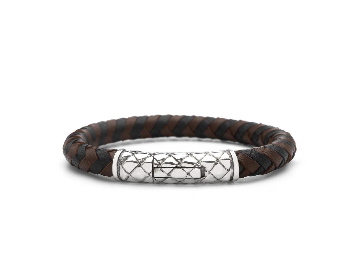 SILK Jewellery - Zilveren Armband - Crossline - 423BBR.21 - bruin/zwart leer - Maat 21