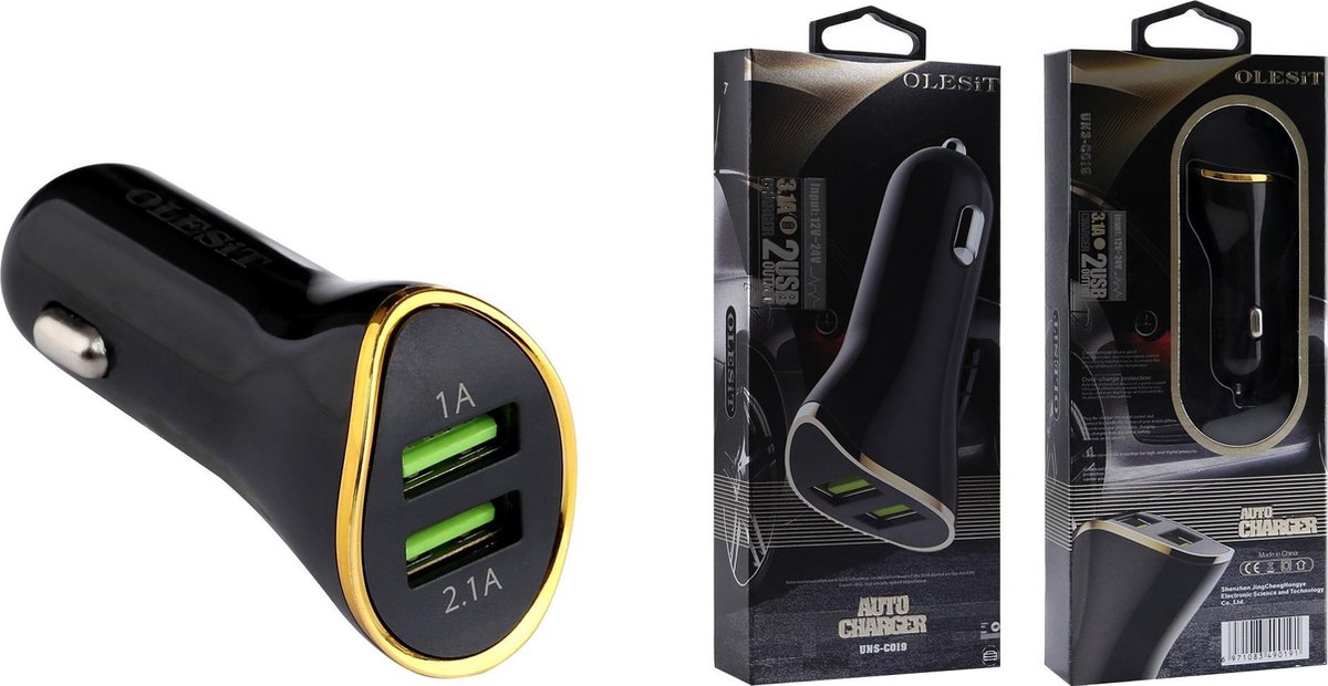 Olesit 3.1A OA1 Autolader - Oplader - 2 USB poorten met bescherming tegen overbelading & overhitting - Zwart