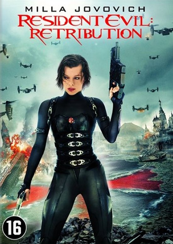 Milla Jovovich in een zwart, nauwsluitend pak met gespen, met een wapen.