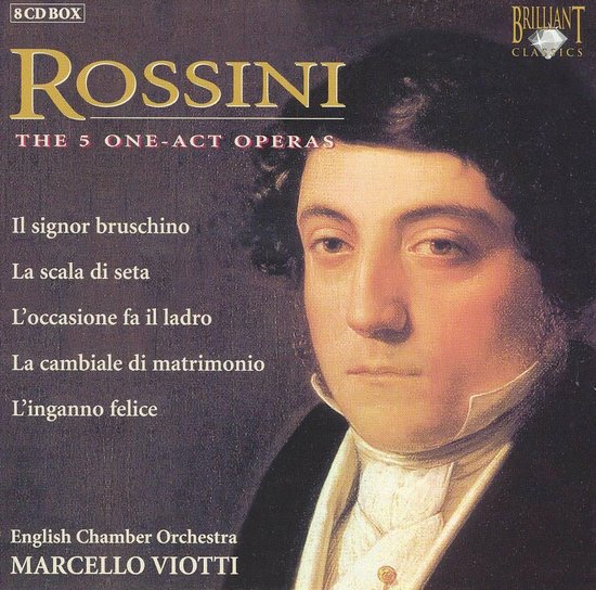 Coffret 8 CD Rossini : The 5 One-Act Operas. Gravure de Rossini par Brilliant Classics.