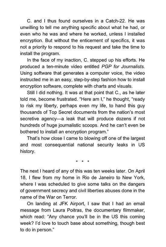 Le texte raconte une rencontre avec Edward Snowden et les implications de l'installation d'un logiciel de chiffrement.