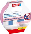 Pak Tesa Malerband, roze, 25m x 25mm. Met tekst 'TAPETEN / TAPISSERIE / BEHANG'.