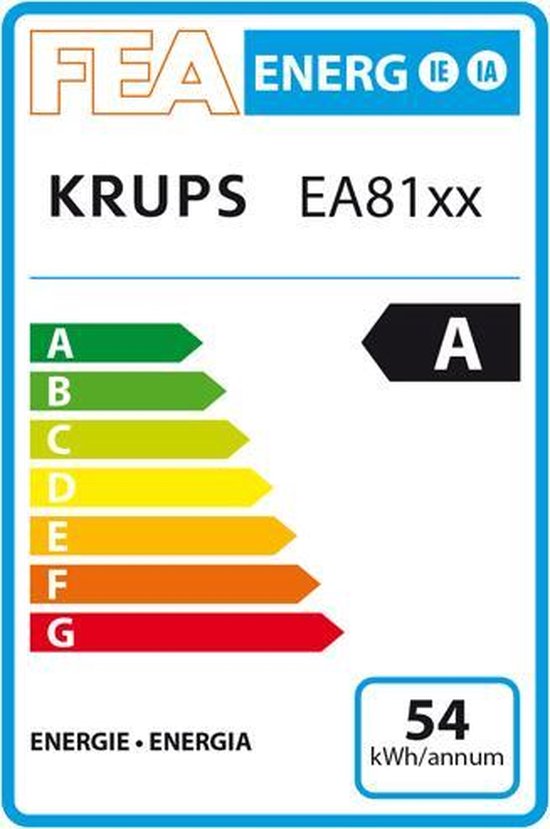 Energielabel Krups EA81xx met energielabel A en 54 kWh/annum.