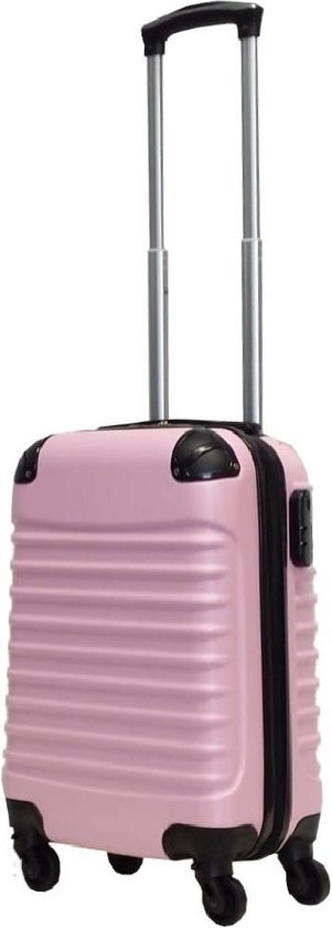 Lichtroze handbagage koffer met een geribbelde textuur, zwart handvat, wieltjes en een cijferslot.