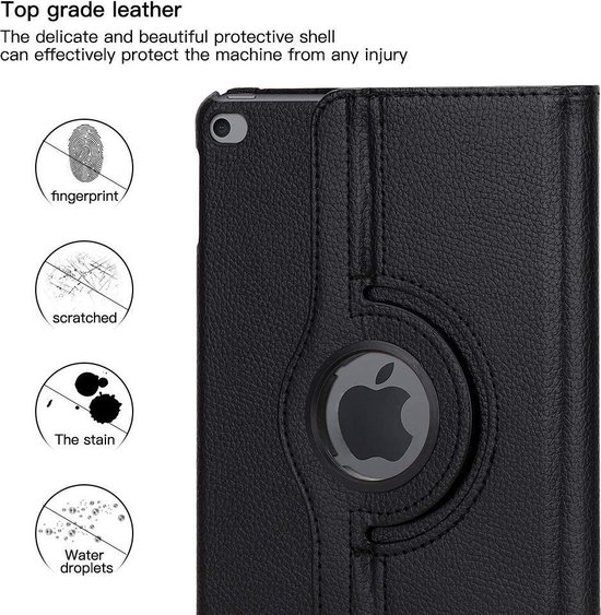 Housse de tablette noire en cuir avec logo Apple, images d'empreinte digitale, rayures, taches et gouttelettes d'eau.