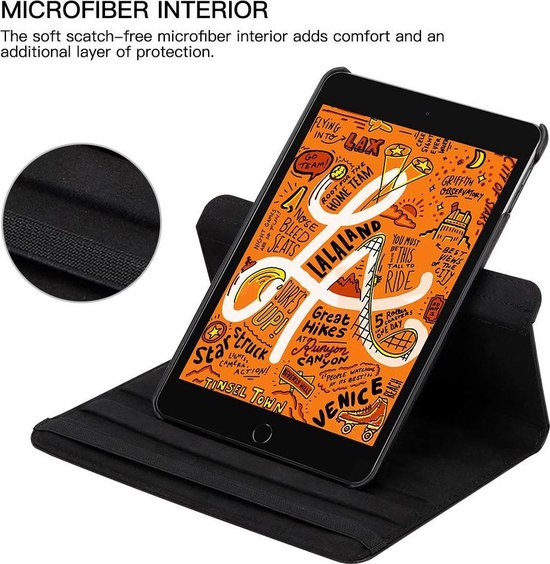 Housse de tablette noire avec intérieur en microfibre, montrant une tablette avec une illustration colorée.