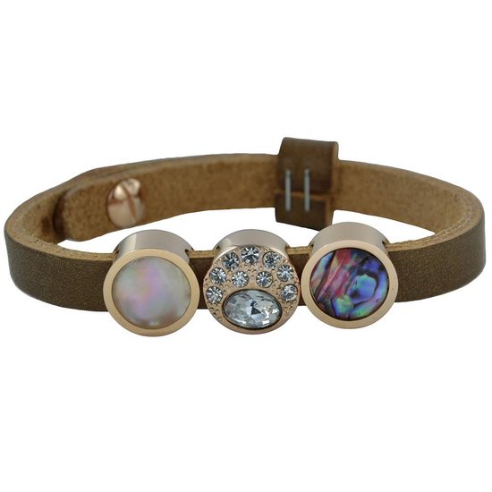 Bracelet en cuir Quiges avec 3 boutons poussoirs - Femme - Acier inoxydable - 24cm