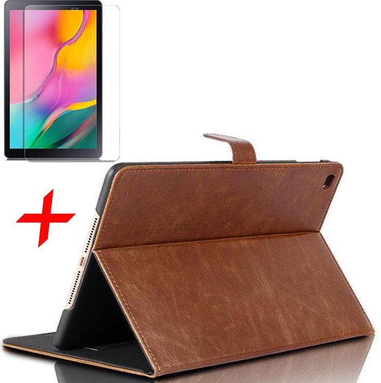 Hoes geschikt voor Samsung Galaxy Tab A 10.1 (2019) + Screenprotector - Lederen Book Case Smart Cover - iCall - Okerbruin