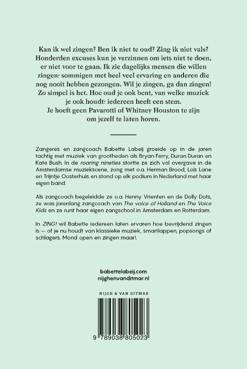 Boekrug met tekst over zangcoach Babette. De tekst is zwart op een witte achtergrond.