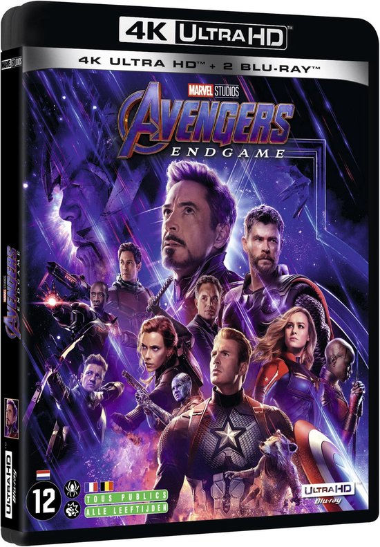 Avengers Endgame 4K Ultra HD Blu-ray hoes met castleden, waaronder Iron Man en Captain America.