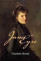 Boekomslag met schilderij van een vrouw in een zwart kanten jurk, met de titel 'Jane Eyre'.