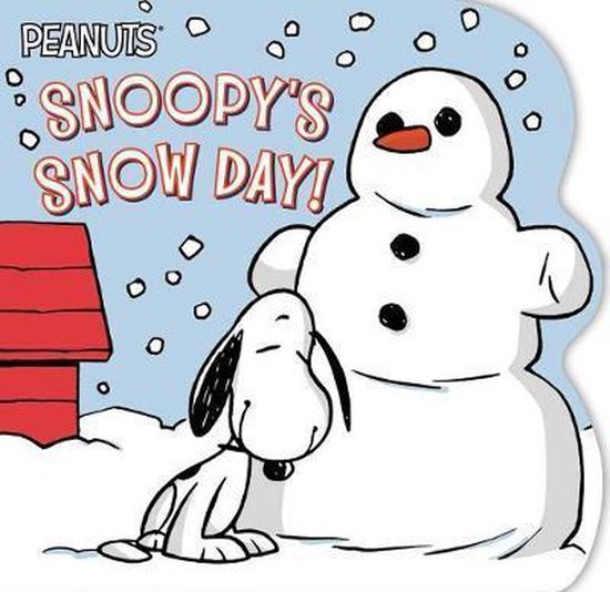 Snoopy zit naast een grote sneeuwpop met 'Snoopy's Snow Day!' tekst en vallende sneeuw.