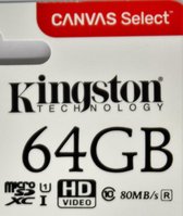 Kingston Micro SD kaart Canvas 64 GB + SD Adapter (HD video- 80MB/S/R)