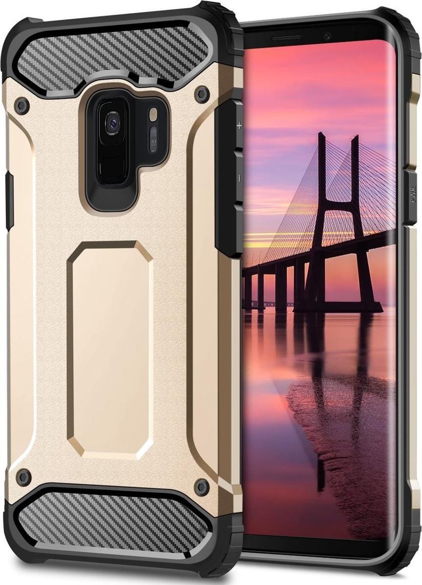 HB Hoesje Geschikt voor Samsung Galaxy S9 - Anti Shock Hybrid Armor Back Cover - Goud