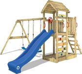 Bol.com WICKEY speeltoestel klimtoestel MultiFlyer met houten dak schommel & blauwe glijbaan outdoor klimtoren voor kinderen met... aanbieding