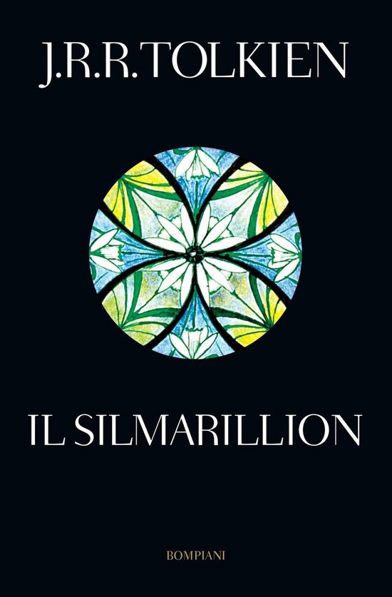 Livre "Il Silmarillion" de J.R.R. Tolkien avec un motif circulaire de vitrail coloré en vert, bleu et jaune sur fond noir.