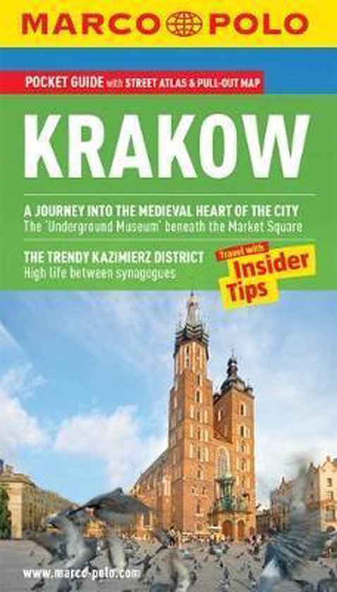 Marco Polo zakgids van Krakau met afbeelding van de Mariakerk en duiven op het marktplein.