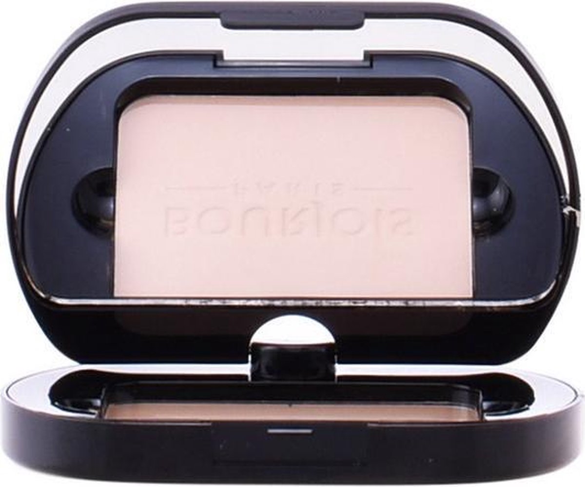 Gesloten glanzende zwarte Bourjois Silk Edition compact poederdoos met rosé gouden tekst.
