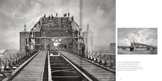Brug wordt gebouwd boven de Maas, circa 1880.