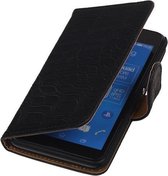 Sony Xperia E4g - Krokodil Zwart Hoesje - Book Case Wallet Cover Hoes