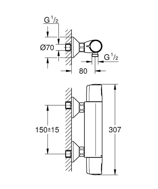 Technische tekening met afmetingen van een douchekraan.