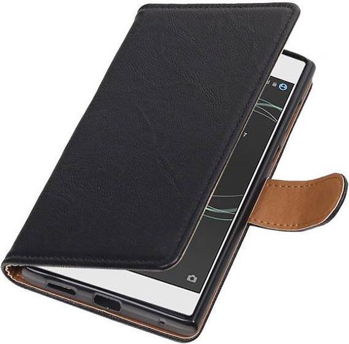Washed Leer Bookstyle Hoesje - Geschikt voor LG Q8 Zwart
