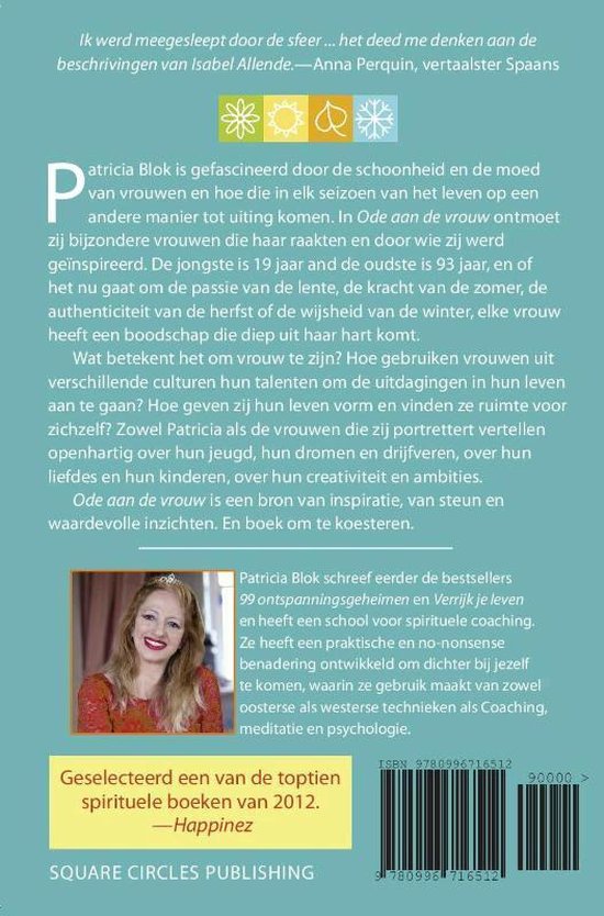 Achterkant boek met portret van Patricia Blok, tekst over 'Ode aan de vrouw' en boekgegevens.