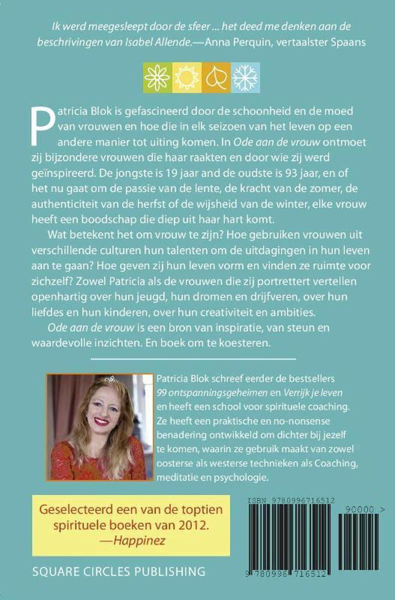 Achterkant boek met portret van Patricia Blok, tekst over 'Ode aan de vrouw' en boekgegevens.