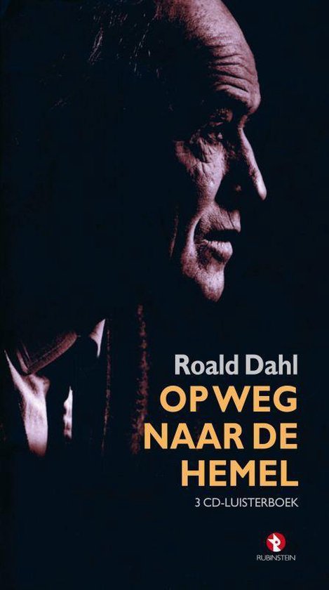 Voor- en zijkant van een luisterboek met een portret van Roald Dahl en de titel 'Roald Dahl OP WEG NAAR DE HEMEL'.