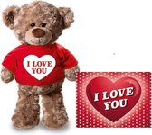 Knuffel teddybeer 24 cm met rood shirt I love you hartje - met Valentijnskaart A5 - Valentijn/ romantisch cadeau