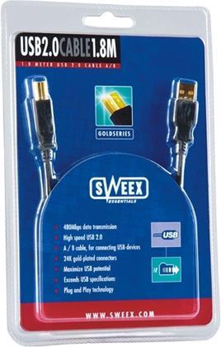 Sweex USB 2.0 Cable AM/BM 1.8M Gold USB-kabel 1,8 m