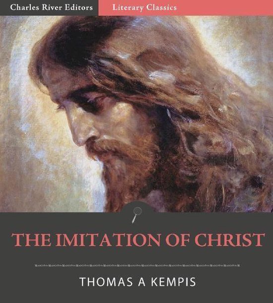 L'Imitation du Christ, peinture du visage de Jésus avec une barbe et de longs cheveux, titre en lettres rouges.