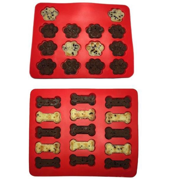 FineGood 4 stuks siliconen snoep chocolade mallen, puppy hond poot & bot vormige ijsblokjesbakken koekjes bakpannen voor het maken van bevroren hond traktaties zeepstaven - rood, blauw, paars, roze