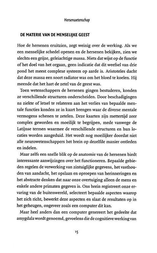 Pagina 15 met tekst over de anatomie van de hersenen, cognitie en amygdala.