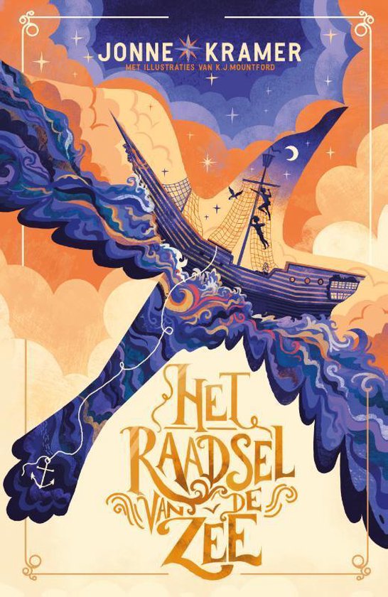 Boekcover met een schip dat door een vogel wordt gedragen boven woeste golven. Titel: Het raadsel van de zee.