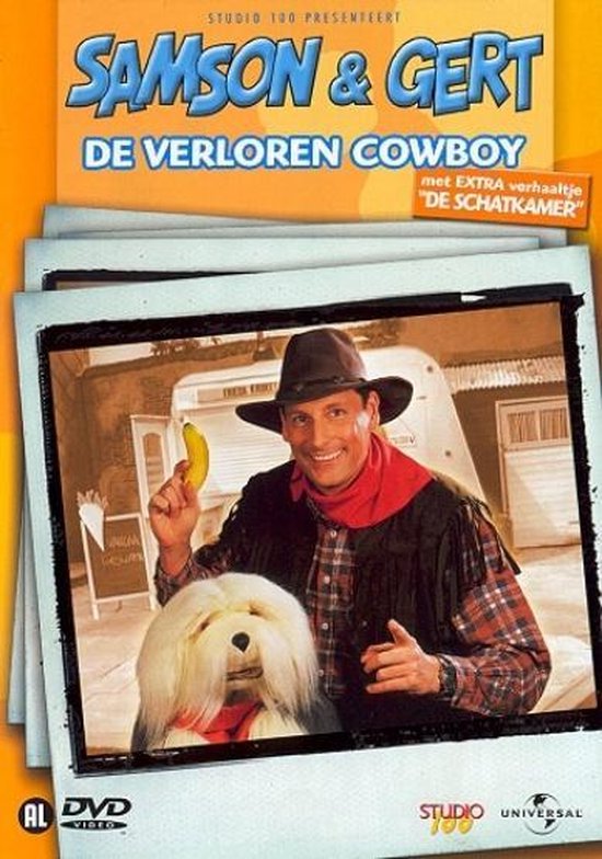 Samson & Gert De Verloren Cowboy DVD hoes met Gert als cowboy en Samson, een witte hond, naast hem.