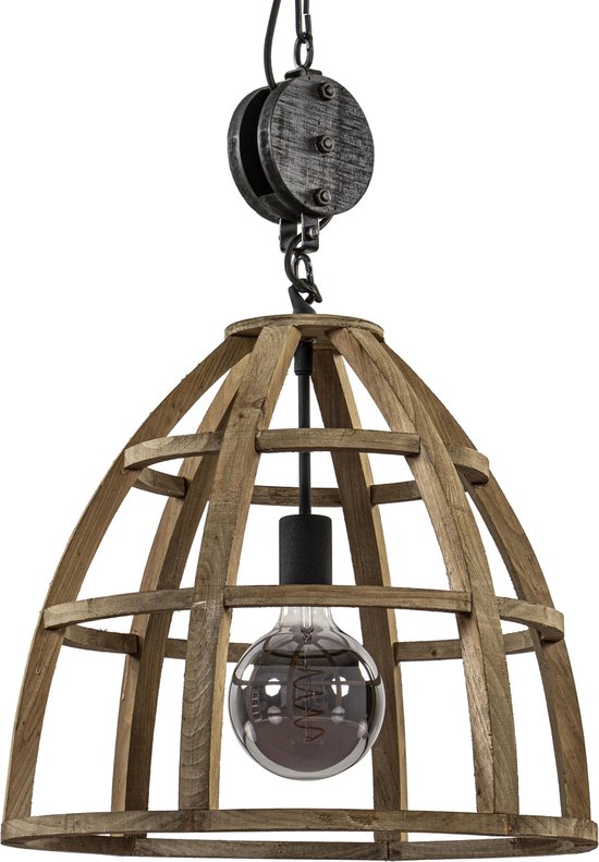Landelijke Hanglamp Hout/ Zwart Met Katrol 34 cm