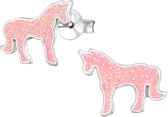 Joy|S - Zilveren paard glitter roze oorbellen 12 x 9 mm