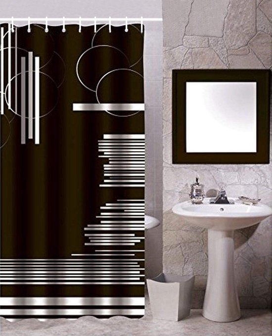 MSV douchegordijn plus 12 gordijnringen 180 x 200 cm ZWART met WITTE