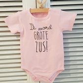 Baby Rompertje met tekst   Hoera ik word grote zus meisje - Zwangerschapsaankondiging |korte mouw | roze met zwart | maat 98-104 zwangerschap aankondiging