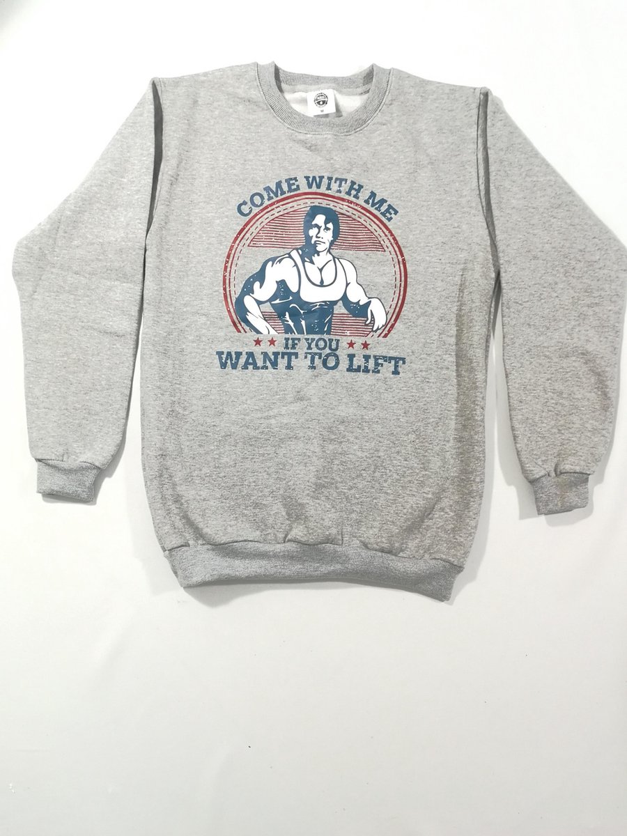trui - sweater - heren - arnold schwarzenegger - COME WITH ME IF YOU WANT TO LIFT- medium - gym - bodybuilding - fitness-sweater