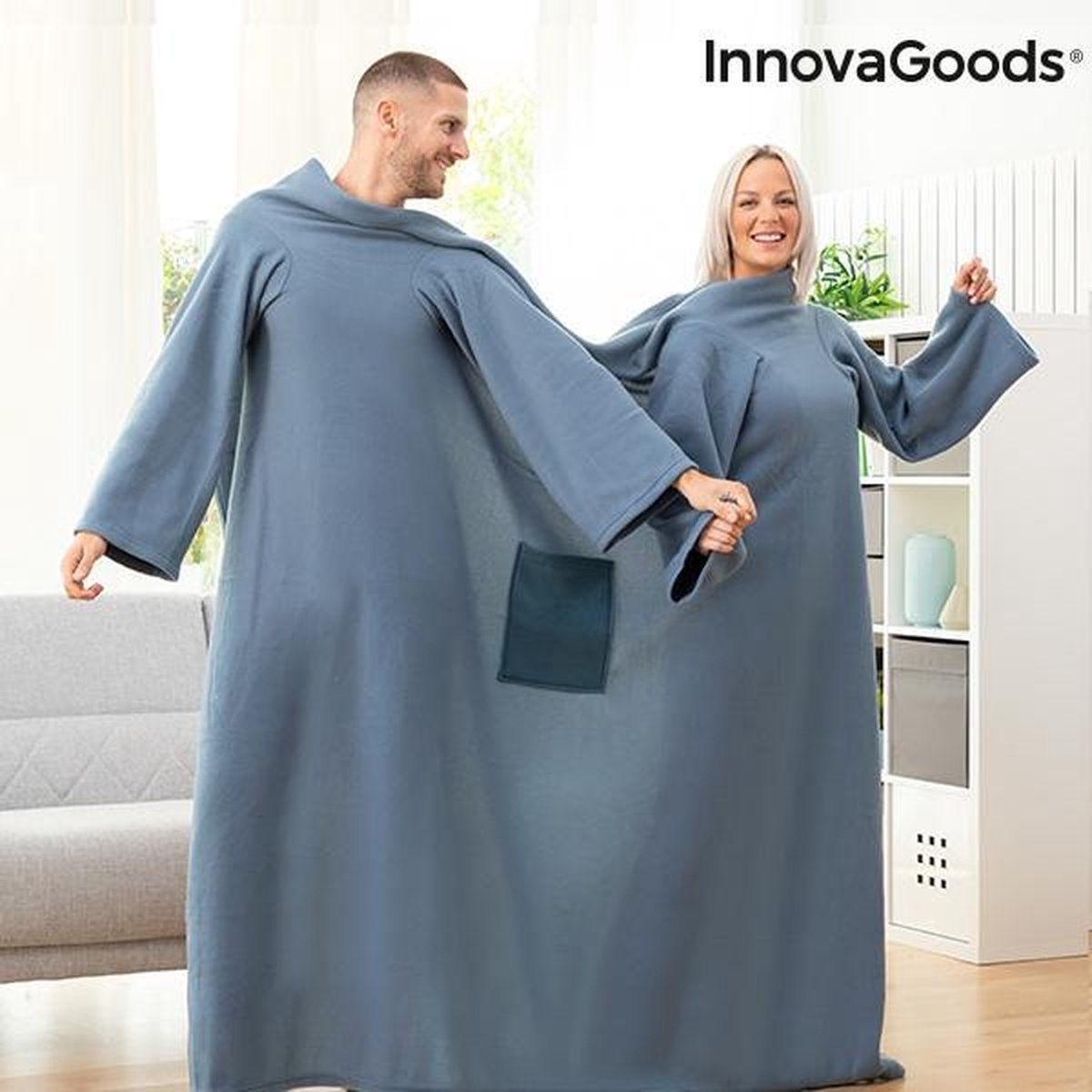 Faboulazy Dubbele Fleece deken met mouwen voor 2 personen - Dubbel - 180 x  160 cm - Blauw | bol.com