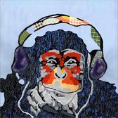 Allernieuwste Canvas Schilderij  Luisterende Aap met Headphones - PopArt Modern - Poster -  Reproductie - 60 x 60 cm - Kleur