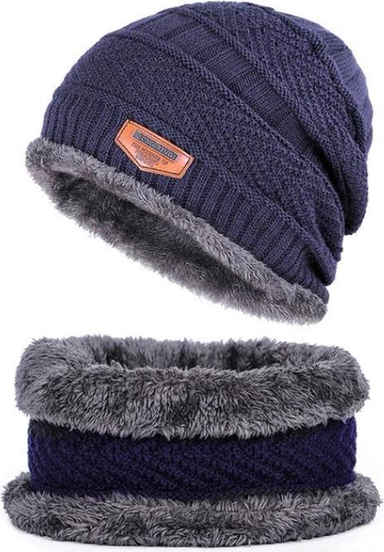 Trendy Muts met Col / Sjaal | Blauw Met Grijs | Beanie | Gebreide Baggy Warme Muts | Wintermuts Gevoerd Wol