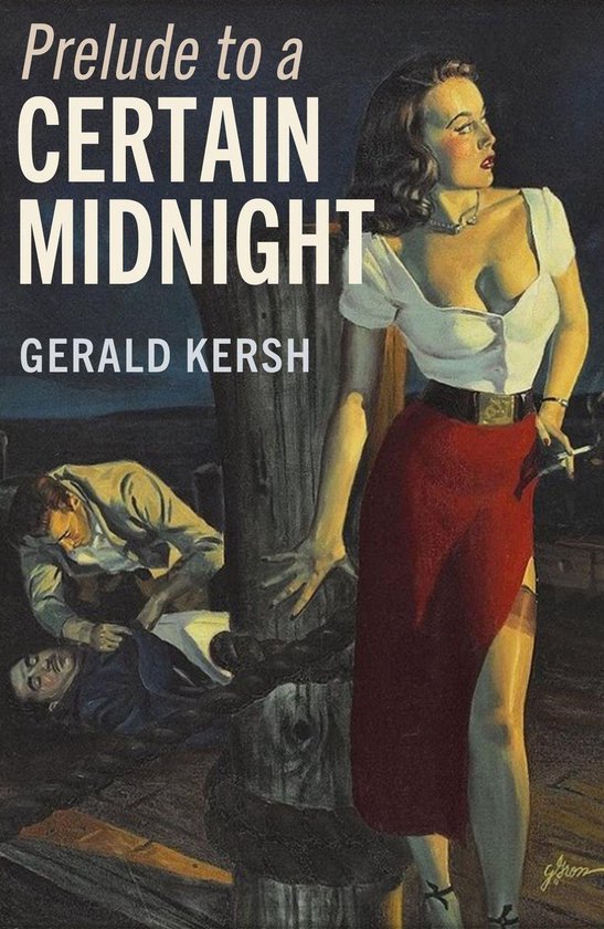 Femme en robe rouge et hommes gisant au sol pour la couverture du livre 'Prelude to a Certain Midnight' par Gerald Kersh.